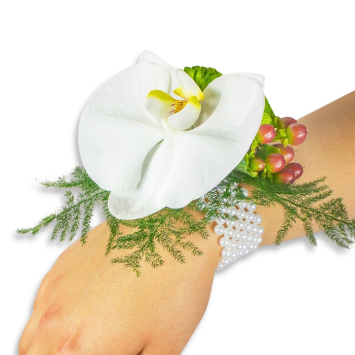 An elegant floral corsage is presented on a light-skinned wrist against a crisp white background, every detail arranged to read as clearly as a portrait. The star is a pristine white Phalaenopsis orchid, its broad petals smooth and slightly cupped, with a radiant yellow throat flushed into deeper orange at the centre that acts as a warm focal point. A generous bed of asparagus-like fern foliage fans out beneath the bloom, its feathery texture giving depth and a soft, natural frame. To the orchid's upper right, a compact grouping of Hypericum berries brings seasonal colour-a gradual shift from pale green through rose to a deeper cranberry red-while a small sprig of lime-green ruffled foliage nearby adds brightness and tactile contrast. The composition is set on a classic multi-strand pearl bracelet, the tiny white pearls looping comfortably around the wrist and lending a refined, almost vintage shimmer that harmonises with the orchid. Photographed on a plain white field, the arrangement's colours and textures are pronounced: the orchid's satin petals, the fern's airy lace, the berries' glossy skins, and the pearls' soft glow. As prepared by a Canonbury-based florist, this corsage evokes weddings on Canonbury Square, celebratory walks toward Highbury Fields, or formal dances-an accessory that pairs botanical freshness with jewellery-like elegance, crafted so it feels effortless to wear and to remember.