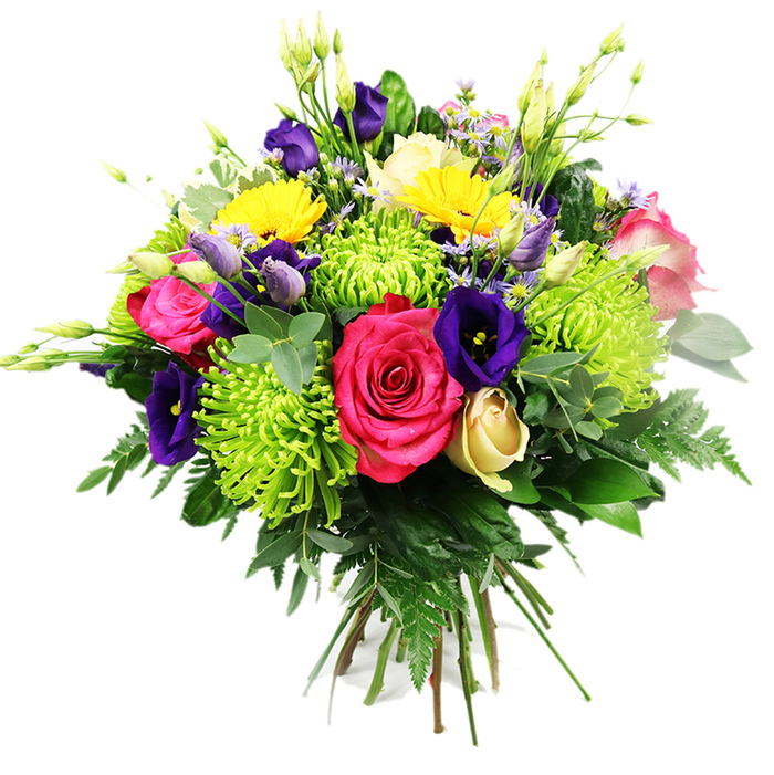 Captured against a pure white background, this striking hand-tied bouquet appears almost sculptural, its colours, shapes, and textures thoughtfully arranged like a miniature garden distilled from the streets and squares around Canonbury. At its centre, several hot pink roses bloom in generous spirals, their velvety petals layered densely to create a rich, romantic core. Framing them, vivid lime-green spider chrysanthemums extend long, fine petals in every direction, delivering a burst of contemporary energy and contrast that calls to mind new shoots and fresh leaves in local gardens off Upper Street. Woven throughout the bouquet, deep indigo and royal purple lisianthus add structure and depth; some blooms are fully open, their bell-like petals ruffling softly at the edges, while others remain neatly closed, promising more colour to come. Bright yellow gerbera-style flowers pop up between the pinks and greens, their sunny round faces and even petals bringing a clear sense of cheer, like light filtering through Canonbury's leafy avenues. Near the base, a single creamy yellow rosebud nestles among the greenery, its tightly wound petals introducing a gentle, understated note. Fine clusters of lavender, pale pink, and periwinkle filler flowers thread between the dominant blooms, their small petals and arching stems introducing delicacy and a hint of wildflower spontaneity. All of this is embraced by an abundant ring of foliage: glossy dark leaves, soft eucalyptus-type sprigs, and airy fern fronds that spill outward, adding depth, movement, and a distinctly natural, garden-inspired feel. The carefully rounded shape and neatly bound stems signal an expert florist's hand, as if prepared for same-day delivery from a Canonbury studio. The bouquet's overall mood is joyful yet sophisticated, ideal for marking special occasions or simply lifting the atmosphere of a Canonbury home or office.