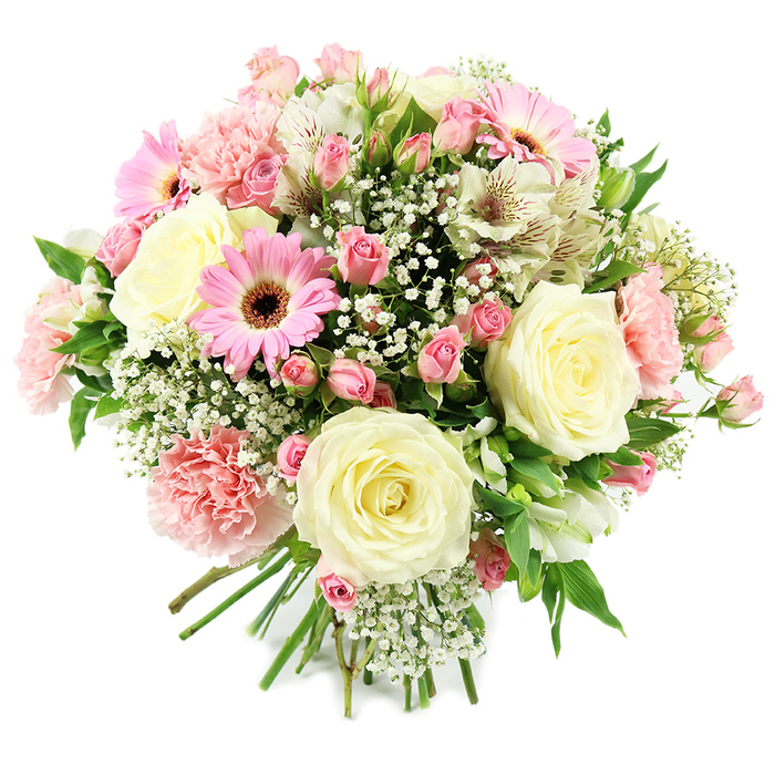 Against a pure white background, a meticulously arranged mixed bouquet appears almost three-dimensional, each bloom clearly defined yet working in harmony. Dominant in the design are fully opened cream-coloured roses, their petals layered in tight concentric circles that gradually loosen toward the edges, giving the arrangement a classic, romantic foundation. Surrounding these are bright pink gerbera daisies, instantly recognisable by their wide, flat petals and darker brown centres, bringing a joyful streak of colour that enlivens the softer tones. Smaller spray roses in gentle shades of pink are scattered throughout the bouquet, some still in bud form, others partway open, adding depth, texture, and a sense of unfolding stories. Pale pink carnations, with their rippled, feathery petals, expand the bouquet's volume and introduce a soft, tactile quality, as though you could almost feel their gentle frills. Slender white alstroemeria blooms appear between the larger flowers, their inner petals marked with fine reddish-brown streaks that create an intricate, almost painterly detail. Fine stems of baby's breath thread through the design like small clouds, filling gaps and giving the bouquet its airy, romantic halo. Fresh green foliage anchors everything, adding contrast and echoing the greenery you might see on a stroll from Canonbury station towards Upper Street. The stems are gathered and tied at the base in a tidy hand-tied finish, giving the impression of a bouquet ready for quick delivery to a home, office, or intimate celebration. The overall mood is tender and uplifting, suited to birthdays, anniversaries, thank-you gifts, or gentle get-well wishes for someone in and around Canonbury who appreciates understated elegance and soft pastel flowers.