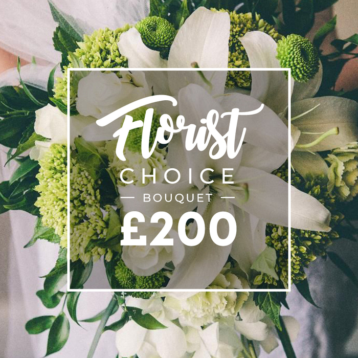 An opulent, hand-tied white-and-lime bouquet commands attention with its careful balance of textures and forms. The largest blooms are pristine white lilies, their broad petals unfurling in soft, luminous layers. They are complemented by clusters of smaller white flowers-ranunculus or spray roses-whose sculpted petals add delicate fullness. Bright lime-green elements punctuate the arrangement, dense clusters that might be Green Trick dianthus or compact hydrangea, giving the bouquet a contemporary edge and a vibrant, almost architectural rhythm. Dark green foliage threads through the stems-eucalyptus and ruscus-creating a rich, natural backdrop and a sense of lasting life. The hand-tied bundle is being held by a person, with a softly blurred background that hints at wedding attire and the activity of Canonbury's lively streets, such as Essex Road and Upper Street, where such a bouquet would be a standout centerpiece. A white rectangular overlay sits dead center, with Florist Choice Bouquet scripted in elegant handwriting at the top, the all-caps CHOICE BOUQUET flanked by thin dashes, and the price ?200 standing bold at the bottom. The composition feels luxurious, designed to catch the eye of couples planning weddings or clients seeking a premium gift. Canonbury Flowers crafts this piece to deliver across Canonbury, Islington, and surrounding districts, ensuring freshness and same-day delivery where possible, and inviting the recipient to imagine the moment the bouquet arrives at its door.