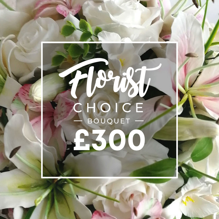 Luxurious perspective from Canonbury Flowers shows a densely packed Florist Choice Bouquet, radiating premium craft. The frame fills with pristine white roses, their petals unfurling in full bloom, alongside white lilies with a gentle pink flush. Interspersed are smaller white and pale pink blooms, and lush eucalyptus foliage that adds structure and modern elegance. The textures are rich-silky rose petals, satin lily petals, and crisp green leaves. A white rectangular overlay sits center stage, bordered with a fine line, announcing Florist on the left and CHOICE BOUQUET on the right in refined sans-serif, with the price displayed at £300. This arrangement reads as a bespoke gift for anniversaries, weddings, or corporate occasions, delivered across Canonbury, Angel, and Islington. The style speaks of careful hand-tied craftsmanship, premium materials, and a desire to present beauty as a thoughtful gesture. The bouquet's cool white palette with soft pink accents conveys calm luxury, while the eucalyptus keeps it grounded in a natural, approachable vibe. In Canonbury's streets near Essex Road, Canonbury Square, and New North Road, this piece signals to customers a trusted, high-end option for same-day or next-day delivery.