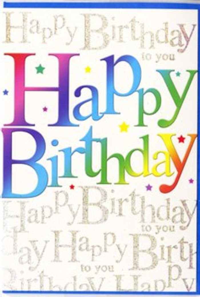 This photograph shows an exuberant birthday card that feels as carefully considered as a bespoke arrangement created for a Canonbury doorstep delivery. The words Happy Birthday arc confidently across the centre of the card, rendered in large, rounded letters that exude friendliness. Within each letter, the colour flows seamlessly from one shade to the next: rich crimson softens into rose pink, then cools to amethyst, cobalt, and aqua before warming again into lime, marigold, and pale orange. The progression of hues suggests the easy sweep of a paintbrush, like an artist blending a rainbow across the sky above the New River Walk on a bright afternoon. These colourful letters sit in sharp focus against a backdrop of intricate golden script. Covering the entire surface behind the main message, the words Happy Birthday to you are written repeatedly in an elegant, looping calligraphy. The ink appears metallic, catching light in different directions so that certain swirls glint more brightly, similar to how low evening sun glances off the windows of Canonbury's townhouses. Although the script is densely packed, it reads more like a decorative pattern than text demanding attention, gently reinforcing the celebratory theme. The printing finish suggests a smooth, semi-gloss cardstock, with the rainbow letters likely feeling slightly thicker under a fingertip, while the background script might have a subtly embossed, raised texture. The overall palette is bright and optimistic yet balanced, making the card suitable for both children and adults. It feels like the kind of thoughtful, colourful greeting a Canonbury neighbour might tuck alongside a bouquet on its way to a birthday gathering near Essex Road, adding both visual excitement and sincere, repeated wishes for happiness.