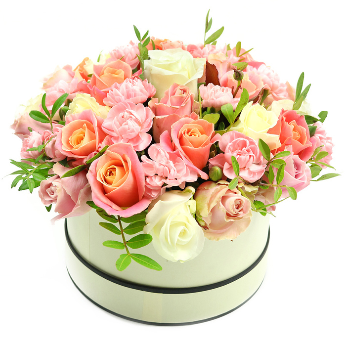 A carefully composed, lush dome of roses and carnations fills an elegant round hatbox rendered in soft cream, its matte surface trimmed by two slim dark bands that add a refined contrast and classic finish. The bouquet is dominated by a chorus of roses-some tight in bud, others fully unfurled-showing warm coral-peach and apricot centers that blush outward to pale pink and creamy ivory at the petal tips. Interspersed among these are delicate, frilly light-pink carnations that provide soft, ruffled texture and a pleasing density to the arrangement. Bright green sprigs with narrow leaves are threaded sparingly through the blooms, punctuating the pastel harmony with fresh, verdant notes and suggesting a garden-like scent that would be noticeable at close range. Gentle, natural lighting in the image accentuates the satiny surfaces of the petals and casts soft shadows that deepen the rounded shape, highlighting the florist's attention to balance and depth. As a local florist in Canonbury, Canonbury Flowers arranges pieces like this for occasions where warmth and understated luxury are called for - birthdays, anniversaries, Mother's Day, or a quiet gesture of gratitude. Picture this arriving at a house near Upper Street or being admired on a windowsill facing Canonbury Square; its soft colours and plush texture are designed to bring immediate calm and a sense of occasion to a north London interior.