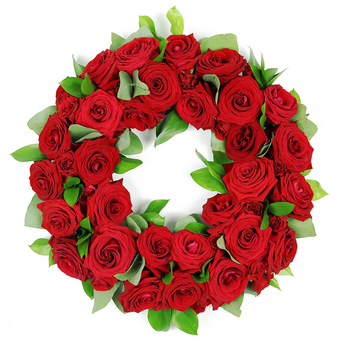 A deeply symbolic, visually arresting circular wreath is crafted from dozens of vibrant, deep red roses and rests against a pure white background. The wreath is densely packed, showcasing crimson blooms in a spectrum of opening stages from tightly furled buds to elegantly unfurled, velvety petals, each displaying rich, saturated hues and intricate folds. Interwoven through the sea of red are clusters of fresh, glossy green foliage-broad, rounded leaves that recall eucalyptus and sharper, pointed ones that offer verdant contrast and depth. The careful layering gives the arrangement a full, three-dimensional quality, with petals and leaves gently overlapping to create a continuous ring that feels both powerful and peaceful. This red rose wreath communicates a solemn beauty and heartfelt tribute, often chosen for memorial services, funerals, or commemorations. Against the white background, the bold red and quiet green symbolize love, remembrance, and enduring respect. Nearby Canonbury's streets-Upper Street, New North Road, and the leafy corners of Barnsbury-this wreath would stand as a respectful display of condolence, available for delivery across Islington with careful handling, fragrance preserved, and a promise of solace that outlives the moment of departure.