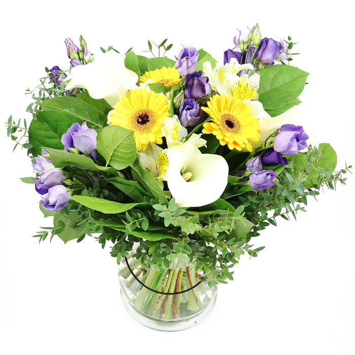 From a near eye-level view, this vibrant mixed bouquet unfolds like a sunlit garden in a glass cylinder. In a crisp white setting, yellow Gerbera daisies glow beside pristine Calla lilies, whose sleek, trumpet-shaped petals add architectural elegance. Lavender to purple Lisianthus threads weave through the arrangement, some blooms fully open, others in tender bud, creating a gentle wave of color and texture. White Alstroemeria with subtle yellow markings light up the spaces, while a generous embrace of greenery-silvery eucalyptus and broad green leaves-adds depth, movement, and a fresh, leafy scent. The clear vase reveals neatly trimmed stems standing in clear water, a small black band around the stems inside the vase preserving the bouquet's neat, cohesive form. This design radiates joy, purity, and refined taste, making it a perfect centerpiece for a celebration, a new home in Canonbury, or a thoughtful gift. Crafted with care by Canonbury Flowers in Islington, it promises lasting freshness and easy, friendly delivery across the Canonbury area.