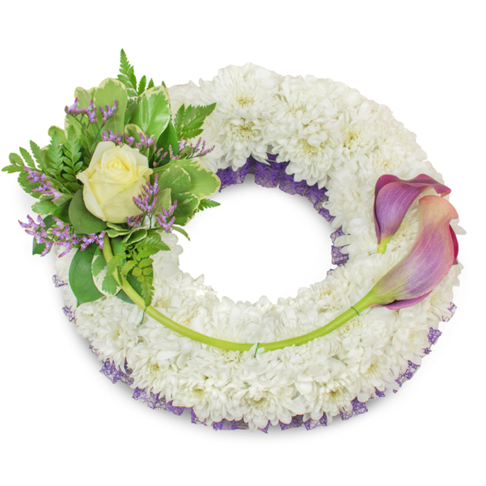 A large, thoughtfully designed circular sympathy wreath set against a stark white backdrop so its textures and hues can be read at a glance. The substantial body of the wreath is composed of countless small white chrysanthemum florets, packed tightly to form a cushiony, cloud-like ring that visually expresses calm and purity. Visible beneath the outer layer of chrysanthemums is a subtle yet dignified ruffle of deep purple mesh or fine netting, peeking out along the inner edge to add dimension and a muted colour echo. On the upper-left section a carefully arranged cluster provides warmth and contrast: a single cream or pale yellow rose opens gently at its center, enveloped by broad variegated leaves with lighter margins and soft, feathered fern fronds. Interspersed throughout are slim stems of lavender-purple statice, their tiny blooms punctuating the greenery with delicate colour and texture. Counterbalancing this cluster, two curved calla lilies rest across the right side of the wreath from roughly two o'clock to five o'clock; their trumpet-shaped blooms exhibit a refined gradient from deeper purple at the tips to a tender peachy-pink toward the base, while their bright green stems trace a graceful line along the lower-right arc. One longer green stem from the left arrangement crosses the lower wreath and is secured near the callas, demonstrating considered construction. The whole composition is quiet, respectful and tactile - the kind of sympathy tribute chosen for memorial services, graveside presentations, or private remembrance gatherings in Canonbury, close to local landmarks like Canonbury Square and Essex Road.