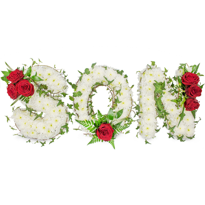 A carefully composed funeral letter tribute spells SON in three elegant capitals, each letter crafted from a dense, carpet-like mass of pristine white spray chrysanthemums whose tiny, layered petals give the surface a pillowed, almost cloud-like texture. Woven through the white clusters, trailing ivy vines articulate the letters' shapes and add contrasting bands of deep green, a reminder of lasting memory and quiet resilience. Poignant focal points are formed by deep, velvety red roses placed with intentional rhythm: a compact trio inhabits the upper left curve of the S with accompanying glossy foliage, a single, prominent rose rests at the bottom centre of the O surrounded by feathered fern fronds and fine greenery, and another vertical cluster of three rich red blooms traces the right-hand side of the N. The roses' saturated crimson reads as both an emotional accent and a visual anchor against the almost neutral, luminous white of the chrysanthemums. Set against a clean white background and photographed in soft natural light typical of Canonbury mornings, the composition emphasizes texture, depth, and the meticulous craftsmanship behind each placement. This arrangement is designed as a personalised memorial piece suitable for funeral services, graveside tributes, or wakes in the Canonbury area, easily imagined at a service near Canonbury Square or delivered to family homes off Essex Road. Its balanced combination of purity, passion, and evergreen greenery conveys respectful condolence and a heartfelt farewell to a beloved son, offering solace through considered floral expression.
