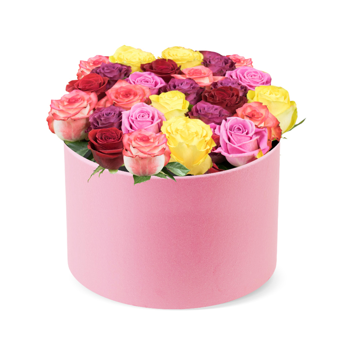 On Upper Street and beyond in Canonbury, a stunning, luxurious floral arrangement arrives in a soft pink round hat box, set against a clean white background. The cylindrical box, wrapped in a velvet-like material in a delicate pastel pink, features a gently curved top edge that reveals a dense display of vibrant roses. Approximately thirty to forty blooms are meticulously arranged, forming a lush, domed centerpiece that seems to overflow from the box with quiet abundance. The roses display a rich tapestry of color: bright yellow, deep red and burgundy, soft pinks ranging from blush to magenta with hints of cream, and opulent purple-plum tones that add drama. Each rose is pristinely bloomed, with healthy, tightly packed petals indicating peak freshness. A few vibrant green leaves peek between blossoms, adding a fresh contrast and depth. This elegant box speaks of premium flower delivery in Canonbury and across Islington, ideal for Valentine's Day, anniversaries, birthdays, or simply to brighten someone's day. Its palette evokes love, celebration, beauty, and sophisticated home decor, suggesting it would glow in a modern living room along New North Road or Essex Road. Crafted by a seasoned local florist, the arrangement's careful doming, color balance, and luxurious texture communicate artistry and thoughtful gifting.