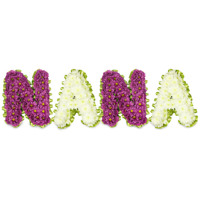 A carefully fashioned grief tribute forms the word NANA in large, three-dimensional letters against a pristine white surface, each letter densely formed from small chrysanthemum-like flowers. The first and third letters, both N, are a concentrated field of deep magenta to plum chrysanthemums; their compact petals create a sumptuous, almost velvety plane punctuated by tiny yellow centres that catch the eye like quiet stars. The intervening A letters are made from immaculate white or soft cream chrysanthemums, their rounded heads packed tightly to produce gentle, luminous faces that balance the stronger purple tones. Bright lime-green edging-suggestive of pleated ribbon or finely cut foliage-delineates each letter with an undulating border, adding a fresh, optimistic note that frames the floral clusters and lifts the whole composition. In diffused daylight the arrangement reads as both sculptural and intimate: the dense flower heads form a tactile surface while the green rim provides contrast and definition. The overall mood is one of reverence and affectionate memory; this is a classic funeral or memorial tribute often chosen to honour a grandmother or family matriarch at a service, wake, or graveside. A practising Canonbury florist would note the importance of consistent bloom size and colour sequencing to maintain legibility and emotional tone-details that make the piece feel personal and thoughtfully composed for families in Canonbury, Upper Street, or nearby Highbury.