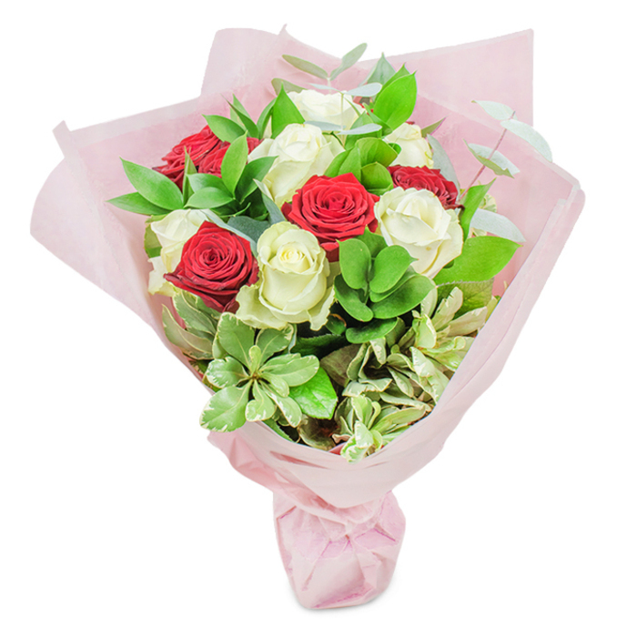 Set against a crisp white backdrop, this lush bouquet stands as a testament to the expert floristry found in Canonbury, harmoniously blending refined design and heartfelt sentiment. At its heart are twenty exquisitely fresh roses-ten in intense, velvety red, and ten in creamy, pristine white-each rose perfectly formed and opening outwards, their petals tight and full, showing peak freshness. Arranged in a balanced, undulating pattern and studded throughout with an assortment of fresh foliage-including sturdy, dark green ruscus, soft eucalyptus with its blue-green hue, and delicate variegated leaves-the bouquet achieves exceptional volume, dimension, and natural bounty. Pastel pink wrapping envelopes the stems in several gentle folds, gathered neatly and tied at the base, lending a romantic, celebratory touch that feels at home in any Canonbury townhouse or office. Light dances across each petal and leaf, highlighting their rich, tactile textures and subtle colour gradients. The whole arrangement evokes the thoughtful artistry and quiet sophistication distinctive of Canonbury Flowers. Ideal for celebrating an anniversary on Alwyne Road or sending congratulations near Douglas Road, this bouquet radiates a sense of genuine care and local charm, embodying passionate love, pure affection, and timeless elegance for any cherished moment.