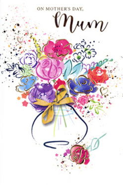 The card artwork unfolds like an expressive love note painted in flowers, as if a Canonbury florist had translated a heartfelt message into watercolour and gold. In the centre, a lively bouquet sways upward from a softly rendered vase, its rounded form tied with a delicate golden bow that echoes the finishing touch on a hand-tied gift. Rich cerise blossoms and vivid pink flowers stand at the heart of the arrangement, their petals outlined in inky indigo strokes that lend a gentle sense of depth and movement. Nestled among them, calmer blue and lavender blooms provide a soft, soothing counterpoint, the colours mingling like whispered reassurances and quiet thanks. Thin threads of metallic gold trace select petals and leaves, creating small points of light that feel like morning sun catching a fresh arrangement in a Canonbury front window near Upper Street. Around the bouquet, speckles of colour and faint heart shapes float across the clean white background, evoking petals tossed in celebration or the flutter of emotion before saying "thank you, Mum." The watercolour edges bleed and overlap in places, giving the bouquet a living, breathing quality, as if it might rustle gently in a spring breeze. This illustration captures the essence of Mother's Day in Canonbury: graceful yet relaxed, personal yet full of joy, like a lovingly chosen card accompanying a fresh delivery to a doorstep just off Essex Road.