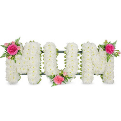 The image shows a graceful MUM floral tribute, carefully designed as three large block letters filled completely with snowy white spray chrysanthemums. Each tiny bloom is placed so close to the next that they form a velvety, quilted surface, suggesting softness, purity, and the comfort of a mother's embrace. The letters stand in a straight line, evenly spaced, their bases edged by a dark green frame or ribbon that peeks out beneath the petals, adding structure and definition without distracting from the tranquil white palette. At the upper left edge of the first M, a striking accent of deep fuchsia and soft pink roses breaks through the white, with a fully open garden rose at the centre, surrounded by smaller spray roses and buds. Fine, lacy fern leaves fan out from beneath the roses, introducing texture and a natural woodland feel, reminiscent of the greenery around Canonbury's quiet residential streets and gardens. A matching cluster is tucked gently into the inner lower curve of the U, while a final group of fuchsia and blush-pink roses decorates the top right of the final M, creating a visual rhythm that carries the eye along the word. The background is a clean, uninterrupted white, making the tribute appear bright, calm, and dignified-perfect for a chapel of rest or crematorium service nearby in Islington. This type of floral lettering is commonly chosen by families looking to send a personal farewell to a much-loved mum, combining the traditional symbolism of white chrysanthemums with the heartfelt warmth of pink roses to express love, loss, and gratitude.