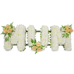 This image shows a beautifully composed funeral tribute spelling "MUM" in bold, capital letters, laid out cleanly against a white background so that every detail of the flowers can be appreciated. The body of each letter is formed entirely from dense clusters of snow-white spray chrysanthemums, their small, rounded petals overlapping to create a cushiony, almost quilted surface. The flowers are placed so closely that they appear like a continuous blanket of white, evoking innocence, serenity, and the gentle constancy of a mother's love. A discreet dark green frame and foliage edge the letters, revealing the careful mechanics beneath and giving definition to each curve and angle. Soft colour is introduced through three graceful clusters of roses in a tender palette of peach, blush pink, and creamy tones. One cluster decorates the upper left corner of the first "M", a second nestles at the base of the central "U", and the third sits at the upper right of the final "M", balancing the composition from left to right. These rose groupings feature both open blooms and smaller buds, framed by lush greenery and delicate fern fronds that lend movement and natural texture. The tribute feels very much at home in Canonbury, reminiscent of a calm walk between tree-lined streets and the quiet elegance of local garden squares. Crafted with the steady hands of an experienced florist, this MUM arrangement is intended for funerals, memorials, or cremations, carrying an unspoken message of remembrance, gratitude, and enduring affection for a beloved mother, while offering a focal point of beauty and comfort for family and friends gathered to say goodbye.