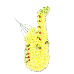 This image shows an elaborate saxophone-shaped floral tribute, crafted with the precision of a professional florist and photographed against a simple, bright white background so that every detail stands out clearly. The full outline of an alto or tenor saxophone is recreated using hundreds of small, tightly clustered yellow chrysanthemums, their petals forming a soft, cushion-like surface that gently catches the light. Each curve of the instrument, from the slender neck to the flared bell, is carefully followed, giving the design a lifelike, almost sculptural presence. Dotted along the body are delicate red rosebuds and miniature roses placed where the keys would sit, their deeper, velvety tones creating a striking contrast with the cheerful yellow flowers beneath. Threads of fine green foliage, possibly ivy or similar trailing greenery, wind in and out of the floral surface, accenting the lines of the saxophone and adding a sense of movement, like notes drifting through the air. A few slim wires and stems are visible near the mouthpiece area, subtly revealing the hidden framework that keeps the tribute standing tall and true to shape. The arrangement feels both joyful and reflective, a fitting farewell for a loved one whose life was marked by music, perhaps someone who enjoyed small jazz nights around Canonbury, Islington, or nearby Upper Street. The colours evoke warmth, remembrance, and gratitude, making it a distinctive choice for a funeral, memorial service, or celebration of life, where the story of the departed is told through flowers rather than words.