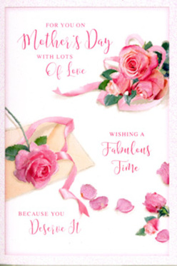 This Mother's Day card is designed like a miniature floral still-life, capturing the timeless beauty of pink roses in a way that feels both intimate and celebratory. Against a clean, soft white background, clusters of full-bloom roses unfurl in layered tones from pale blush to rich rose pink, their petals densely packed and slightly ruffled at the edges. The blossoms seem to bask in a soft, ambient light, casting the faintest shadows that give them depth, as though they've just been placed down by a florist on a workbench not far from Canonbury's quiet residential streets. Around the main bouquet, individual petals are scattered as if a gentle breeze has lifted them, creating a sense of movement and nostalgia, like memories drifting through a family kitchen on Mother's Day morning. A satin-like ribbon in a complementary pastel hue curves gracefully around the largest cluster, its folds and twists forming gentle arcs that frame the flowers without overpowering them. Elegant hand-lettered script, flowing and slightly whimsical, weaves through the composition, expressing heartfelt wishes and appreciation without distracting from the roses themselves. The overall mood is calm and affectionate, similar to the atmosphere of a peaceful Sunday stroll towards Islington Green with a bouquet held carefully in hand. The texture of the blooms, the softness of the colours, and the considered placement of every petal combine to create a card that feels handcrafted and personal, ideal to pair with fresh flowers delivered across Canonbury for a truly thoughtful Mother's Day gesture.