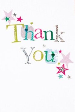 This thank-you card feels like a moment caught between a laugh and a hug: the phrase 'Thank You' stretches across the front in letters that are individually dressed-lime green next to fuchsia, then cool blue and sunny yellow-so every letter seems to have its own mood. Some are dusted with silver shimmer that flashes in light, others show patchwork polka dots or tiny stitched flourishes that read as lovingly handmade. Around the lettering a scatter of stars-magenta, teal, deep turquoise and soft silver-gold-sprinkles the corners like confetti, adding a spontaneous celebratory energy. The background is immaculate white, giving the colors room to breathe and making the metallics and stitches pop. The paper looks substantial, with a fine tooth you can almost feel through the image, and the glittered silver catches light in a way that suggests a late-afternoon sunbeam through a sash window on Canonbury Road. As a local florist I imagine pairing this card with a sunlit hand-tied bouquet destined for a neighbour in Newington Green or a thank-you delivery down Chapel Market; the textures of ribbon and stitched lettering work together to create a coherent, tactile gift. At Canonbury Flowers we often choose cards like this to echo the personality of the blooms-cheerful, sincere and lightly whimsical-so the recipient feels both celebrated and seen. The overall mood is warm and airy, the design striking a perfect balance between playful charm and heartfelt appreciation.