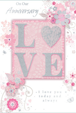 This anniversary card feels like a softly spoken promise, the kind of keepsake you might slip into a bouquet before it leaves a Canonbury doorstep. At its heart, the word "LOVE" is set in raised, glitter-dusted lettering, each character a gentle blush pink edged with pearly white and traced with subtle silver, giving a sense of both shimmer and touchable depth. The letters sit against a powdery pink background that seems to glow, like evening light along the tree-lined streets near Canonbury Station. Surrounding this focal point, slender tendrils of illustrated flowers and curling leaves drift across the card, their forms finely drawn in shades of rose, lilac, and soft grey, with tiny highlights of silver foil that sparkle like light on a glass vase. The design captures the feel of a florist's sketchpad in the Canonbury Flowers workshop, where we map out romantic arrangements for anniversaries across nearby Islington and De Beauvoir. Each bloom appears airy and refined, suggesting petals gently opening, while the sweeping curves of foliage add movement and grace. An elegant script, used for heartfelt anniversary wishes, winds through the design with the same fluidity as trailing greenery in a cascading bouquet. The overall mood is tender and sophisticated, a quiet celebration of shared memories and ongoing devotion, as if the card itself had been crafted from layers of soft petals and silver mist, ready to accompany an intimate dinner or a surprise delivery to a loved one's flat tucked off New North Road.