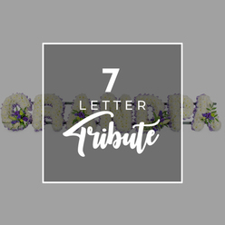 The image shows a calm, contemporary presentation of a seven-letter funeral tribute, thoughtfully laid out against a soft grey background that feels like overcast North London light. At the centre lies a dark grey square, edged with a fine white border that gives it the look of an elegant announcement card. Inside this box, clean white text is carefully arranged: a large, confident "7" sits at the top, beneath it the word "LETTER" appears in smaller, tidy sans-serif capitals, and below, "Tribute" flows in a script font, its sweeping lines suggesting warmth, craft, and individuality. Peeking from behind this central graphic, stretching subtly across the width of the image, are floral letters that spell "GRANDMA", the hallmark of a classic funeral letter tribute. Each character is built from a tightly packed bed of white chrysanthemums or similar small blooms, their rounded petals forming a soft, pillowy surface that speaks of peace and remembrance. To keep the design from feeling stark, clusters of rich purple flowers are woven into the letters, accompanied by sprigs of fresh green foliage that bring life and movement. The purple accents sit along the edges and corners, catching the eye where the letters curve or turn. Only parts of each letter are visible around the central square-the initial "G" on the left, followed by glimpses of "R", "A", "N", "D", "M", and the closing "A" on the right-yet the word and its meaning are unmistakable. It feels like a bespoke tribute a Canonbury family might send to a funeral at a nearby Islington crematorium or a quiet service near Canonbury Station, honouring a cherished grandmother with flowers that say what words cannot.
