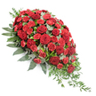 A large, cascading red funeral spray is shown against a bright white background, its elongated teardrop shape flowing from a wide, full top on the left to a delicate, trailing tip on the right. The main focus is on a generous cluster of dark red roses, their petals plush and velvety, spiralling outwards in classic, heart-stirring blooms that convey love, honour, and farewell. Interspersed closely between the roses are numerous red spray carnations, each made of softly fringed petals that introduce gentle texture and subtle variations of crimson, giving the arrangement a rich, layered appearance. The flowers are cradled in a bed of contrasting greenery: sturdy, dark green leaves provide structure and support, while scattered sprigs of silvery-green eucalyptus weave through the design, cooling the palette and adding a soft, mist-like effect akin to morning light over Canonbury's garden squares. From the lower-right edge, fine strands of lighter green foliage trail outward and down, accentuating the sense of gentle movement and making the spray appear gracefully fluid rather than rigid. The composition feels thoughtful and balanced, equally suited for placement atop a casket or as a prominent tribute beside the lectern during a service in a local Canonbury chapel. Crafted in a traditional style by skilled florists, this sympathy arrangement offers a comforting way to express condolences and remembrance, echoing the quiet dignity of the neighbourhood while bringing a touch of living beauty to a moment of farewell.