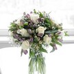 A softly lit floral arrangement stands in a clear cylindrical glass vase, placed as if on a windowsill in a Canonbury townhouse, with diffused daylight bathing every petal in a gentle glow. At the heart of the bouquet, creamy white roses are fully open, their layered, velvety petals spiralling outward in flawless rosettes that suggest romance, purity, and quiet celebration. Around them, clusters of lavender and muted purple alstroemeria unfurl from slender buds, some still partially enclosed in green sepals, others showing their speckled throats and fine veining that deepens to a subtle plum. Fine sprigs of baby's breath weave through the arrangement like tiny white stars, filling the spaces between larger blooms with an airy, cloud-like softness. Lush greenery, from broader dark leaves to more slender, arching stems, provides a rich emerald backdrop that sharpens the contrast with the pale blooms and enhances their freshness. Through the crystal-clear vase, the neatly trimmed stems are visible, fanning out in the water and giving a sense of craftsmanship and order. The composition forms a full, rounded dome, suggesting careful balance and the practiced eye of a local Canonbury florist who understands both design and emotion. The bouquet feels calm yet hopeful, ideal for placing on a table overlooking New River Walk or in a quiet flat off Canonbury Square, where its faintly sweet, green fragrance can drift through the room. It is easy to imagine this display arriving as a tender sympathy gesture, a thoughtful get-well surprise, or an understated yet elegant congratulations arrangement, carrying with it the soothing elegance of white and soft lavender flowers in perfect harmony.