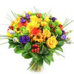 A joyful, hand-tied bouquet is captured against a bright white background, every colour allowed to sing as clearly as a sunlit corner of Canonbury Square. The design is compact and rounded, brimming with flowers that create a sense of generous fullness without feeling heavy. The eye is first drawn to the sunny yellows: classic roses with tight, spiralling centres and velvety outer petals, full-headed chrysanthemums, and smaller daisy-like blossoms, all combining to evoke warmth, optimism, and friendly cheer. Weaving between these golden tones are lively orange gerbera daisies, their long, clean petals radiating around deep, contrasting centres, adding a fresh, modern feel. Deep purple lisianthus blooms, shaped like delicate miniature roses, introduce a luxurious coolness to the palette, supported by softer lavender buds just beginning to open. Bright lime-green button chrysanthemums dot the bouquet like playful spheres, while clusters of shiny, ruby-red hypericum berries are tucked in like little treasures, adding festive depth and a different, smooth texture. The entire arrangement is wrapped in a rich layer of dark green foliage, similar to ruscus, that frames and supports the blooms, while upright strands of ornamental grass reach outwards, introducing height, movement, and a slightly whimsical touch. At the base, the stems are cleanly aligned and tied, ready to be placed in a favourite vase or delivered to a home near Newington Green or along Canonbury Road. The bouquet's mood is bright, uplifting, and celebratory, perfect for birthdays, thank-you flowers, or simply sending a burst of colour and happiness across Canonbury.