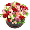 A beautifully styled rose hatbox arrangement dominates the frame, appearing almost like a floral sculpture set against a pure white backdrop. The flowers rise in a smooth, domed shape from a round, deep black hat box with a slim red trim circling the bottom edge, suggesting a refined, boutique presentation that would suit an elegant Canonbury terrace just off Canonbury Road. The bouquet is composed entirely of roses in a lavish mix of colours and sizes. Deep red and crimson blooms, lush and velvety, anchor the design and immediately evoke passion and devotion. Interspersed among them are softer tones: romantic blush pink, warm peach and apricot, and touches of coral, each bloom layered with gently curving petals that seem almost touchable. Creamy white and ivory roses bring brightness and a sense of purity, while scattered lavender and light purple roses introduce a cool, contemporary note. Some roses are fully open, revealing the intricate spirals at their centres, while others remain in tighter buds or form petite spray clusters, adding texture and a sense of movement. Fine sprigs of fresh green foliage, likely ruscus or eucalyptus, peek between petals, providing a crisp contrast that enhances the colours without distracting from the mass of blossoms. The lighting is clear and even, ensuring every hue and edge is sharply defined, yet the overall effect remains soft and romantic. This image conveys a feeling of thoughtful, luxurious gifting, ideal for illustrating same-day rose delivery in Canonbury for anniversaries, proposals, or heartfelt celebrations shared in homes and venues across N1.