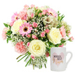 Bright, softly lit product image presenting a tender Mother's Day gift bundle, styled against a pure white background for a clean, modern look. On the left, a lush, rounded bouquet brims with romantic pastel tones. Large cream-coloured roses sit at the heart, fully open with layers of velvety petals curling outward in gentle spirals. Intertwined with them are ruffled blush-pink carnations and petite clusters of darker pink spray roses, giving the design richness and depth. Several bright pink gerbera daisies with clearly defined dark brown centres face outward like cheerful little suns, while slim white alstroemeria blooms extend gracefully, each petal adorned with fine reddish-brown speckles that add delicate detail. Fine stems of white baby's breath (gypsophila) are threaded throughout, creating a misty, cloud-like softness that lightens the arrangement, much like soft morning light over nearby New River Walk. Modest green foliage peeks through from behind the blooms, grounding the bouquet and hinting at freshly cut stems from a Canonbury florist's bench. The stems below are gathered tightly and left visible, emphasising its hand-tied craftsmanship and readiness for a favourite vase at home. To the right, a pristine white ceramic mug stands upright with a comfortable handle and smooth, glossy glaze. Its design features a watercolour-style light pink heart, within which the phrase WORLD'S BEST is printed in bold black lettering above the word Mum, picked out in elegant shimmering gold script. The overall scene feels warm, loving, and celebratory-a carefully curated floral and mug set perfect for honouring a mum with same-day flower delivery across Canonbury and surrounding North London neighbourhoods.