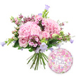 A celebratory hand-tied bouquet in gentle pinks and purples is photographed against a clean white background, creating a sense of freshness and clarity as though it has just been completed in a Canonbury flower studio. The arrangement is built around several large, rounded clusters of blush pink hydrangeas, their petals layered tightly together to form soft, cushion-like domes that immediately catch the eye. Interwoven with the hydrangeas are classic soft pink roses and smaller spray roses, some fully open to reveal their swirling centres, others still in bud, contributing both fullness and a feeling of unfolding celebration. Delicate sprays of deeper fuchsia or magenta waxflowers thread through the design, adding texture and a brighter pop of pink that enlivens the overall palette. From within the mass of petals, slender stems of campanula extend upward, each bearing small bell-shaped flowers in shades of lavender and periwinkle, bringing movement and a cool, airy contrast to the warmer pink tones. Around the blooms, a generous mix of lush green foliage provides structure and depth, from broader leaves that support the larger flowers to thin, wispy greens that soften the silhouette and lend a natural, garden-inspired character. The gathered stems at the base are clearly visible, fanned out in a traditional hand-tied finish that signals careful, professional craftsmanship. Just to the lower right of the bouquet sits a round foil balloon with a metallic sheen, decorated with a delicate floral pattern that echoes the bouquet's colours. In its centre, the words Happy Birthday are written in graceful purple lettering, tying the ensemble together as a thoughtful birthday gift, equally suited to a cosy Canonbury flat or a celebration in a nearby café off Essex Road.