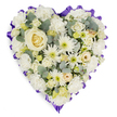A serene heart-shaped floral tribute rests against a clean white backdrop, every inch composed to offer comfort. At its centre sits a single creamy white rose, petals unfurling in a satin spiral that catches soft morning light and releases a faint, classic rose scent. Surrounding it is a plush tapestry of ivory and pale cream blooms: ruffled white carnations give cloud-like volume, while compact button chrysanthemums and small spider-like white chrysanthemums add lively, linear texture and tiny pale green centres. Scattered among these are delicate cream lisianthus buds and small pale-yellow roselets that introduce gentle warmth without breaking the predominantly white palette. Blue-green eucalyptus sprigs thread through the composition, their silvery foliage providing cool contrast and an airy, almost herbal freshness that lifts the arrangement. The whole heart is carefully edged with a ruffled deep-lavender to rich purple ribbon, scalloped and neat, which both frames the flowers and lends a solemn, dignified accent. The florist's layering is visible in the subtle gradients from dense centre to softer outer curve-a hand-placed balance intended to read as an expression of lasting love and respectful remembrance. This piece feels suited to a funeral service or memorial display, sending a message of peace and honour in a restrained, tender voice. As a local Canonbury design, it reflects the considered, quiet sympathy often requested by neighbours around Canonbury Square and Essex Road, and is finished for gentle local delivery to services or family homes in the Islington area.