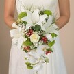 Set against the gentle ambiance of an elegant Canonbury ceremony, a bride holds a sweeping, cascading bouquet that radiates both opulence and freshness. The arrangement, masterfully crafted by Canonbury's local floral artists, begins with several striking white oriental lilies whose velvety, star-shaped petals glow with purity, accented by faint speckles that entice the eye. Nestled amongst them is a classic, swirling cream-colored rose, its soft, romantic hue providing a timeless touch. The bouquet comes alive with jubilant bursts of lime-green cushion mums, echoing the revitalizing greenery seen along Canonbury's tree-lined avenues. Sprigs of bright red hypericum berries are scattered artfully among the blooms, adding joyful, celebratory punctuation reminiscent of holiday markets in nearby Islington. Delicate tendrils of white baby's breath and fine, grass-like greenery impart texture and airiness, while a dramatic cascade of white phalaenopsis orchids tumbles gracefully down, creating fluid movement and visual depth. The bride's hands, adorned with a hint of satin ribbon and hemmed in by fine lace, cradle this vibrant bouquet. Subtle natural light highlights the satiny shine and crisp freshness of every blossom. Designed for a bride longing for a blend of classic grace and local vibrancy, this bouquet reflects the modern romance and enduring traditions of weddings across Canonbury.