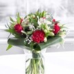 A luxurious red and white floral arrangement stands in a clear cylindrical glass vase on a clean white surface, bathed in soft natural light that might echo a bright Canonbury townhouse window. Inside the vase, fresh water reveals a neat bundle of green stems, all carefully trimmed to the same length, suggesting the quiet precision of an experienced florist. Above the waterline, velvety deep red roses open in full, romantic spirals alongside a richly ruffled crimson carnation at the front, its many folded petals creating a textured focal point. Between these bold reds, clusters of creamy white blooms appear: white alstroemeria with slender petals lightly marked with speckles, hints of white chrysanthemums or gerbera-style daisy centres, and several white lily buds held tightly closed, promising fragrance and beauty in the days ahead. Fine clouds of white gypsophila, or baby's breath, are scattered throughout, giving the bouquet a soft, airy halo. Around the base, broad, glossy dark green leaves are curled and wrapped into a smooth collar, while slimmer, eucalyptus-like foliage and pointed green stems weave upward to frame the flowers. The overall palette is a rich interplay of scarlet, ivory, and layered greens, creating a mood that feels both celebratory and intimate, perfect for an anniversary dinner off Essex Road or a thoughtful gift delivered to a Canonbury studio. The lighting is even and gentle, with no harsh shadows, highlighting the freshness and care that went into the arrangement and suggesting an elegant, uplifting moment captured just as the flowers reach their peak.