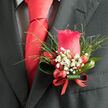 Pinned neatly to a dark suit, this pink rose boutonniere captures the gentle romance of a Canonbury wedding, perhaps on a tree-lined street leading towards the canal walk. At its heart is a single rose in rich, luminous pink, the bloom unfolding in soft spirals that suggest both classic elegance and the fresh excitement of the day. The petals appear velvety and reassuring, their edges slightly curled, as if caught in a moment between anticipation and promise. Framing this central flower, delicate sprays of gypsophila drift like fine white lace, each tiny star-shaped blossom offering contrast to the smooth curves of the rose. Slender stems of bright green foliage peek through the design, adding texture and a just-picked-from-the-garden feeling, as though gathered from a quiet patch of greenery tucked away off Canonbury Square. Nestled among the greens, glossy red berries bring a bolder note: playful, polished, and full of celebratory energy, they echo the warmth of clinking glasses and shared laughter. A carefully shaped loop of deep green leaf curves around the base of the arrangement, giving structure and a modern edge that complements the sharp line of the lapel. Around the stems, a tightly wound red ribbon holds everything in place, its smooth, slightly reflective surface hinting at care and craftsmanship. The composition feels poised yet personal, ideal for grooms, best men, or special guests marking an important occasion in Canonbury, Islington, or nearby Highbury. It is a small, refined flourish that conveys romance, respect for tradition, and a quiet joy in being part of something truly memorable.