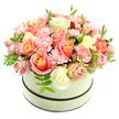 A soft sunrise of blooms sits perfectly domed inside a round cream hatbox, the kind of hatbox that reads timeless and quietly elegant. The box has a matte, pale beige surface punctuated by two narrow dark bands - one hugging the rim and another circling the base - that frame the flowers like a picture. From the centre spills a dense cluster of roses and carnations, arranged with the careful hand of a seasoned florist so that each petal contributes to the overall sweep. The roses present a warm gradient: coral-peach and apricot tones at their hearts melting outward into delicate blush pink and creamy ivory on the outer petals; some buds are still gently cupped, others open to reveal velvety, layered centres. Nestled between those larger forms are many ruffled light-pink carnations whose frilly edges soften the composition and add a tender, tactile texture. Small sprigs of bright green foliage peek through, their elongated leaves giving a crisp, fresh punctuation to the pastel palette and suggesting the scent of early summer after a light rain. Soft, natural light in the photo highlights the satiny sheen of the petals and throws gentle shadows that enhance depth without stealing the bouquet's intimate warmth. This arrangement feels both generous and intimately appointed - a refined gift for a birthday or anniversary, a gentle Valentine's sentiment, or a thoughtful way to say thank you. A Canonbury resident might imagine this on a mantel after a stroll from Canonbury Square or delivered to a flat along Essex Road, bringing a quiet, uplifting presence into a small north London home.