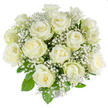 A vision of pure calm: a densely arranged dome of roughly two dozen freshly opened white roses, each blossom showing a creamy inner spiral that eases outward to crisp, bright outer petals. The roses sit tightly together, their velvety surfaces catching a soft, neutral light that makes the whites read as warm rather than stark. Threaded through and around the roses are frothy sprays of baby's breath (Gypsophila), tiny star-like florets that float like a fine mist and lend an airy, lace-like texture against the smoother rose petals. Deep green glossy leaves peek through at the base and between blooms, providing subtle structure and a natural frame to the composition. The bouquet's rounded silhouette is intentionally compact, creating a sense of fullness and quiet balance as if cupped in a gentle hand. Against the clean white background the tonal harmony of ivory and true white stands out, evoking a soft summer morning or the hush of a ceremonial moment. There is a faint, classic rose scent-clean and slightly sweet-balanced by the almost powdery scent of gypsophila. This arrangement reads as both celebratory and contemplative: suitable for quiet weddings, christenings, or as an expression of sympathy and remembrance. As a local florist who knows Canonbury's gardens and quieter streets, I picture this bouquet resting on a mantel in a Canonbury Square flat or carried down to a small family gathering off Essex Road, offering a refined, comforting presence wherever it is placed.