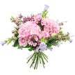 A lush, hand-tied bouquet of pastel pink and lilac flowers is set against a crisp white background, allowing the fullness and gentle movement of the design to take centre stage. Two large, rounded heads of blush pink hydrangea dominate the arrangement, each composed of hundreds of tiny, ruffled petals that together form soft, cloud-like mounds of colour. Tucked among these generous blooms are light pink roses, some fully open in classic, spiralled rosettes, others still in graceful bud, adding a sense of unfolding emotion and time. From between the rounded shapes, slender stems of bell-shaped flowers-delicate campanula in shades of lavender and periwinkle-reach upwards and outwards, creating a feeling of lightness and air, as though a breeze from nearby Canonbury Gardens were passing through the bouquet. Small clusters of deeper fuchsia and magenta-pink filler blossoms dot the composition, their tiny, star-like petals offering lively texture and a slightly playful note against the softer tones. A mix of fresh green foliage, buds, and slender stems weaves throughout, framing the blooms with a natural, garden-fresh edge reminiscent of a morning walk along the quiet residential streets off St Paul's Road. The stems are gathered neatly at the bottom in a hand-tied style, ready to be placed in a favourite vase on a Canonbury kitchen table or windowsill. There is a gentle, romantic mood to the bouquet-part celebration, part tender gesture-making it ideal for birthdays, new babies, or simply sending a wave of comfort and care to someone special in the local area.