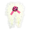 A delicate angel wing floral arrangement rests on a pure white backdrop, designed as a heartfelt funeral or memorial tribute with a tranquil, almost celestial quality. The wings themselves are shaped from tightly massed white chrysanthemum or spray carnation blooms, their small rounded petals overlapping to create a plush, seamless surface that gently curves at the tips. Around the outer edges, soft white feathers have been woven in, their fine strands giving the silhouette a feathery halo and adding a sense of lightness, as if the wings might lift from the surface at any moment. The meeting point of the wings forms a natural cradle for a striking focal accent: a compact ring of dark purple flowers or foliage, velvety and rich, which adds depth and contrast to the snowy white. On this dark cushion sits an eye-catching fuchsia satin bow, its loops carefully arranged, with smooth ribbons flowing down like a sash. Tucked lovingly into the centre of the bow is a single pale pink rosebud, its gentle pastel tone suggesting innocence, affection, and a soft goodbye. The simplicity of the background allows every detail of petal, feather, and ribbon to be clearly seen and felt in the imagination. This angel wing tribute would be particularly meaningful for services in Canonbury, Highbury, or along Essex Road, where families often look for symbolic designs that evoke guardian angels or protective presence. It carries a quiet message of purity, peace, and everlasting care, as though an angel were keeping watch over someone deeply cherished.