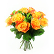 A hand-tied bouquet of around a dozen bi-colour roses glows with rich, warm hues against a pristine white background, the entire arrangement captured in a way that highlights both its precision and its softness. The roses are grouped closely into a generous, rounded dome, every bloom facing slightly outward so that the petals create an almost quilted surface of colour. At the centre of each flower, a clear, uplifting yellow opens like a small sun, gradually blending into golden amber and apricot tones before deepening to a vivid tangerine and burnt orange at the outermost edges, with a few hints of red-orange adding extra depth. The petals are plentiful and finely layered, curving and folding around one another to form lush, spiralled hearts that look velvety and inviting, as if they would feel silky to the touch. Between the blossoms, clusters of dark, glossy green leaves emerge, their smooth, slightly serrated edges and visible veins offering a strong, natural contrast to the warm colours. The foliage helps frame the roses and gives the bouquet a balanced, grounded appearance, much like a carefully arranged display in a Canonbury townhouse near the Regent's Canal. Beneath the blooms, you can see the neatly aligned, deep green stems gathered into a tight, clean bundle, trimmed to an even length that speaks to the care of an experienced local florist. The whole bouquet is lit with soft, even light, eliminating harsh shadows and making the colours appear vivid yet gentle on the eye. This composition radiates positivity, evoking late-afternoon sunshine over nearby Islington gardens, and would feel perfectly at home as a celebratory gift, a romantic surprise, or a bright focal point in a Canonbury living room or studio.